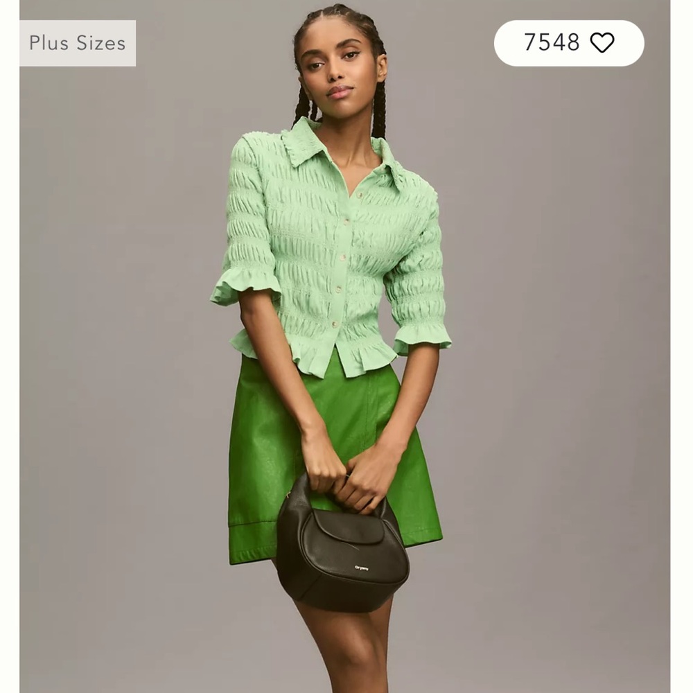 Anthro Maeve Mint Green Smocked Button-Front Top